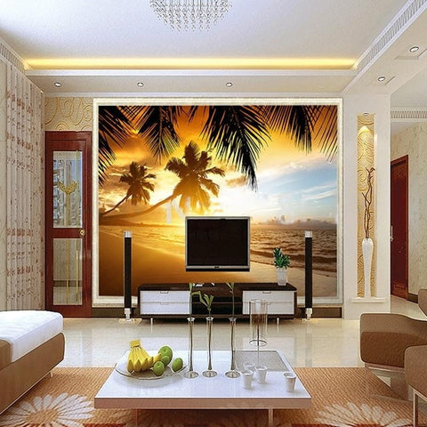 Image of Mural de papel pintado con paisaje marino de coco y puesta de sol, tamaños personalizados disponibles