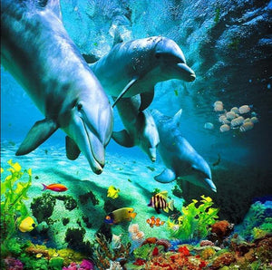 Swimming Dolphin Pod Floor Mural, Custom Sizes Available