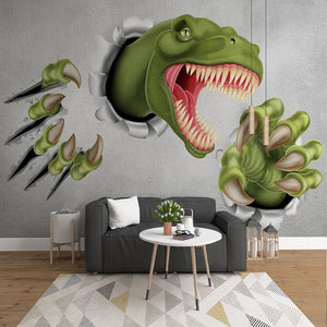 T-Rex estrellándose contra la pared Mural de papel pintado de fantasía para niños, tamaños personalizados disponibles