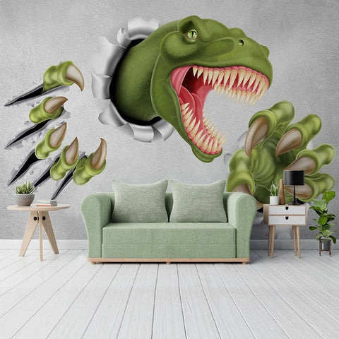 Image of T-Rex Crashing Through Wall Fantasy Kids Wallpaper Mural, Custom Sizes Available Wall Murals Maughon's Waterproof Canvas 