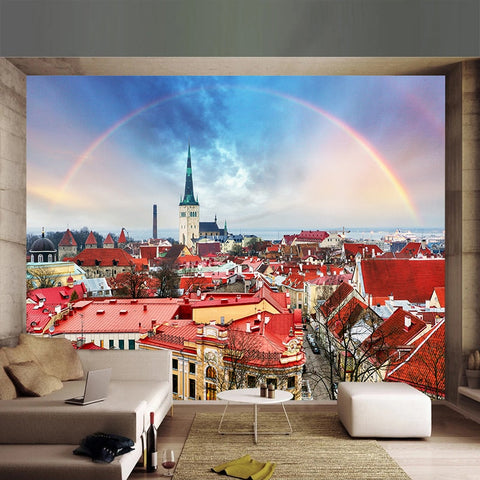 Image of Tallin, Estonia Skyline and Rainbow Wallpaper Mural, Custom Sizes Available Wall Murals Maughon's 