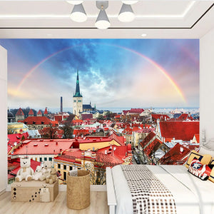 Tallin, Estonia Skyline and Rainbow Wallpaper Mural, Custom Sizes Available