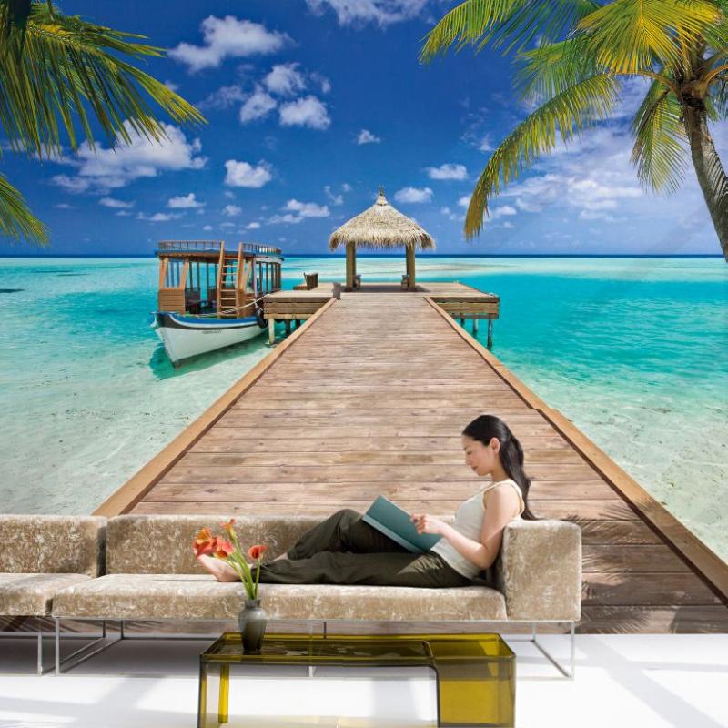 Tiki Hut and Dock Beach Wallpaper Mural, Custom Sizes Available Household-Wallpaper Maughon's 