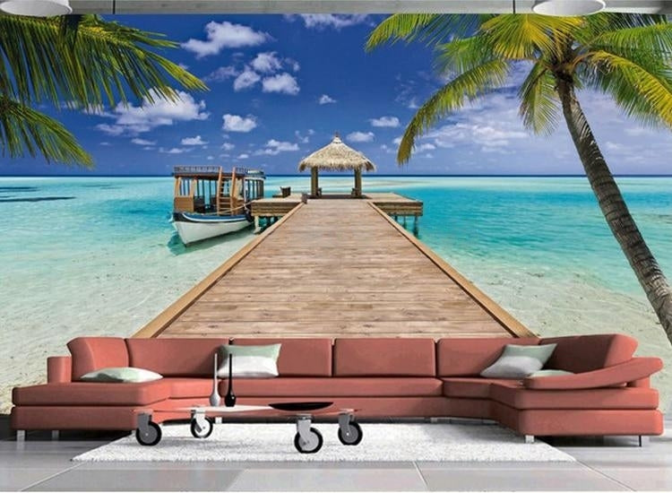 Mural de papel pintado con cabaña Tiki y muelle en la playa, tamaños personalizados disponibles