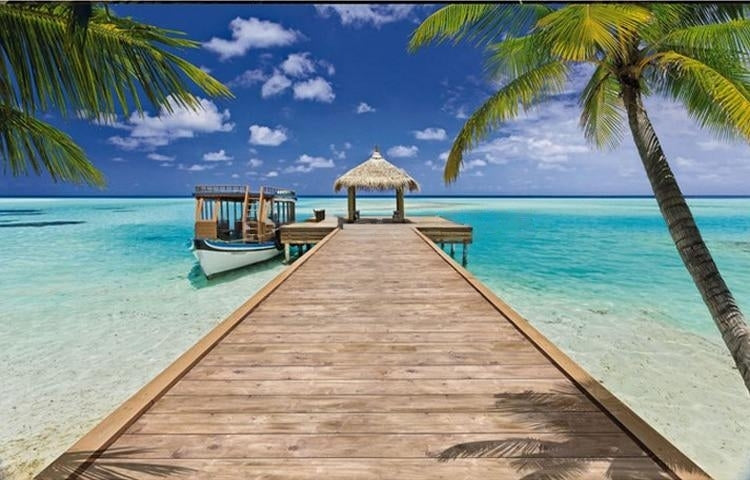 Tiki Hut and Dock Beach Wallpaper Mural, Custom Sizes Available