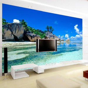 Mural de papel pintado con playa tropical y laguna, tamaños personalizados disponibles