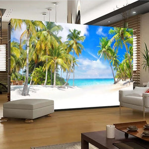 Mural Paraíso de Playa Tropical con Cocoteros, Tamaños Personalizados Disponibles
