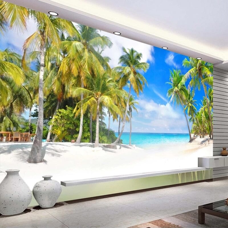Tropical Beach Paradise With Coconut Trees Wallpaper Mural, Custom Sizes Available Wall Murals Maughon's Waterproof Canvas 