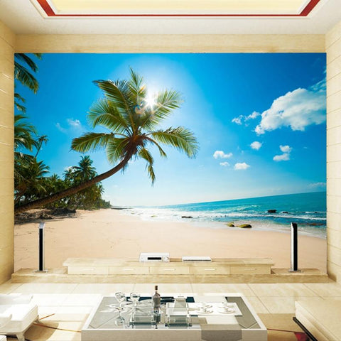 Image of Tropical Beach With Palm Tree Seascape Wallpaper Mural, Custom Sizes Available Household-Wallpaper Maughon's 