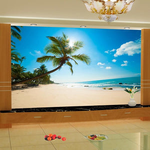 Mural Playa Tropical con Paisaje Marino y Palmeras, Tamaños Personalizados Disponibles