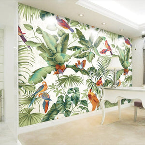 Mural de papel pintado con hojas y pájaros tropicales, tamaños personalizados disponibles