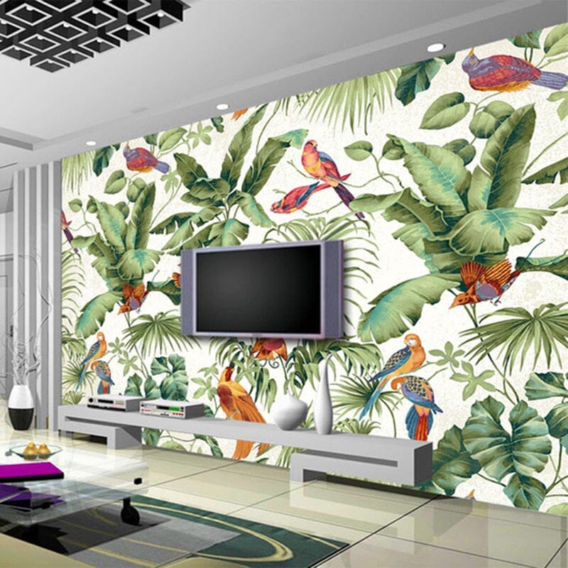 Tropical Birds and Leaves Wallpaper Mural, Custom Sizes Available Wall Murals Maughon's 