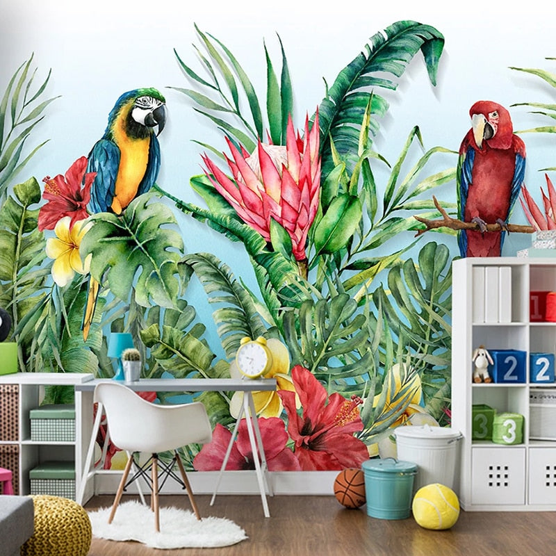 Tropical Birds and Plants Wallpaper Mural, Custom Sizes Available Wall Murals Maughon's Waterproof Canvas 