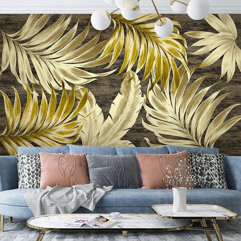 Tropical Golden Leaves Wallpaper Mural, Custom Sizes Available Wall Murals Maughon's 