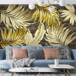 Tropical Golden Leaves Wallpaper Mural, Custom Sizes Available