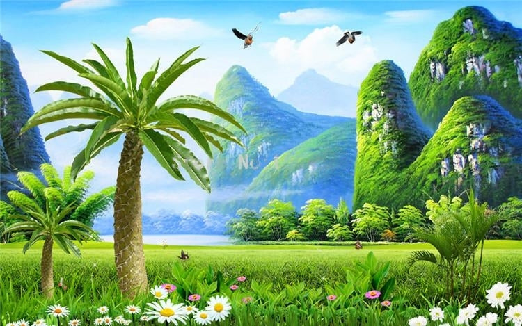Idyllic Tropical Paradise Mountainous Wallpaper Mural, Custom Sizes Available
