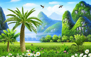Idyllic Tropical Paradise Mountainous Wallpaper Mural, Custom Sizes Available