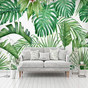 Tropical Plant Green Leaves Wallpaper Mural, Custom Sizes Available