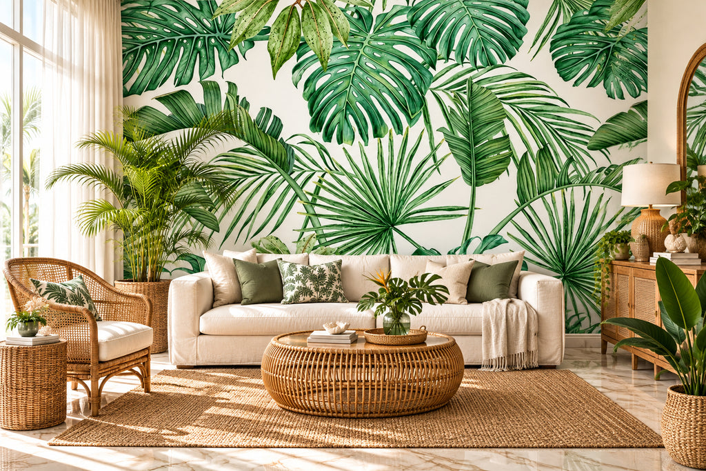 Tropical Plant Green Leaves Wallpaper Mural, Custom Sizes Available Household-Wallpaper Maughon's 