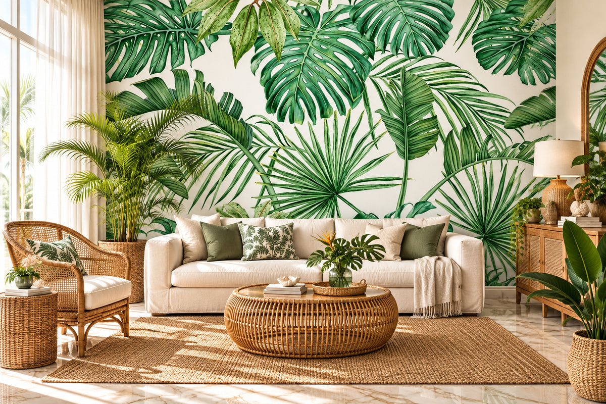 Tropical Plant Green Leaves Wallpaper Mural, Custom Sizes Available Household-Wallpaper Maughon's 