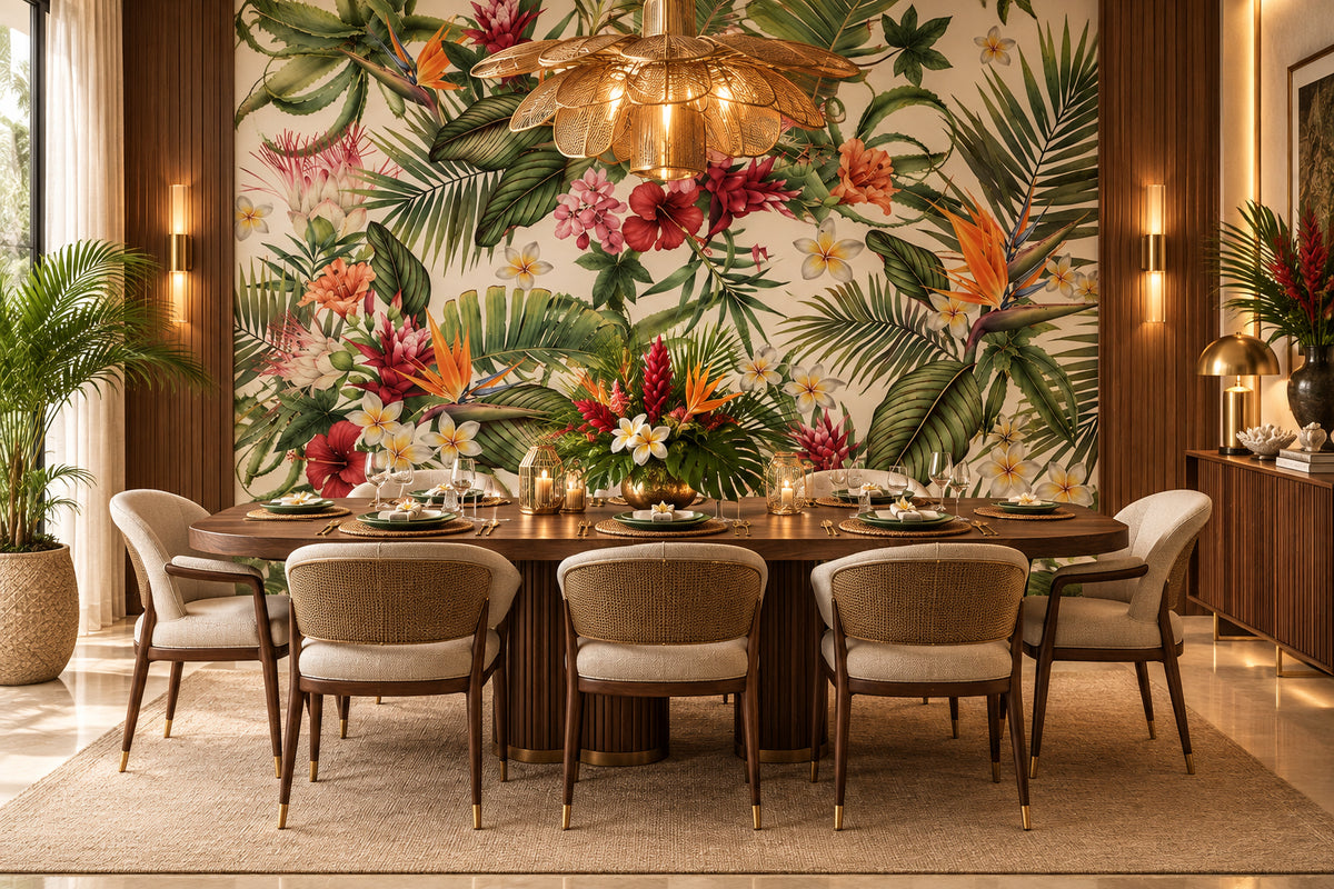Tropical Plant Leaf and Flowers Wallpaper Mural, Custom Sizes Available Maughon's 