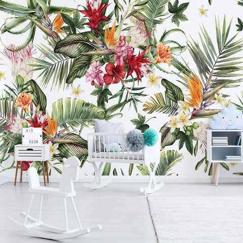 Image of Tropical Plant Leaf and Flowers Wallpaper Mural, Custom Sizes Available Maughon's 