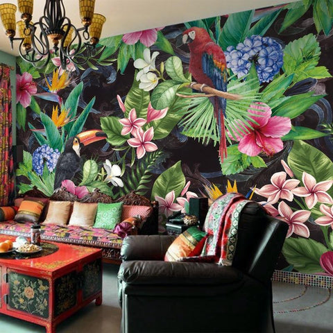 Image of Tropical Rain Forest with Parrot and Toucan Wallpaper Mural, Custom Sizes Available Maughon's 
