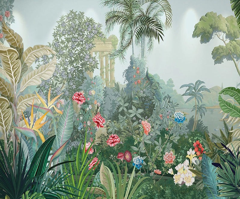 Tropical Rainforest and Flowers Wallpaper Mural, Custom Sizes Available Maughon's 