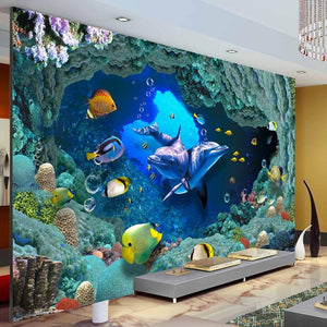 Underwater Dolphins and Tropical Fish Wallpaper Mural, Custom Sizes Available