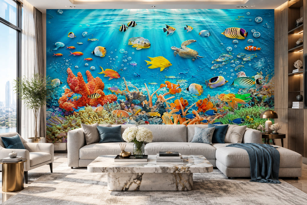 Underwater World Fish Coral Embossed Wallpaper Mural, Custom Sizes Available Wall Murals Maughon's 