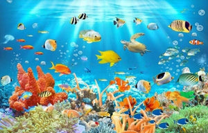 Underwater World Fish Coral Embossed Wallpaper Mural, Custom Sizes Available