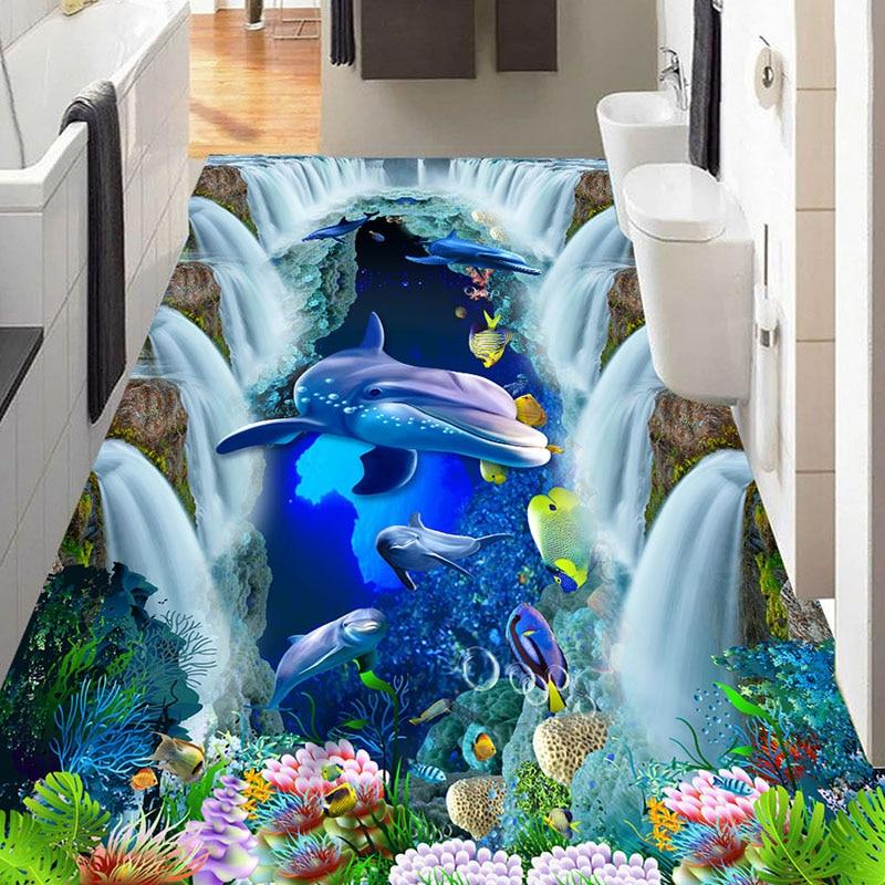 Underwater World Waterfall and Dolphin Floor Mural, Self Adhesive, Custom Sizes Available Household-Wallpaper-Floor Maughon's 