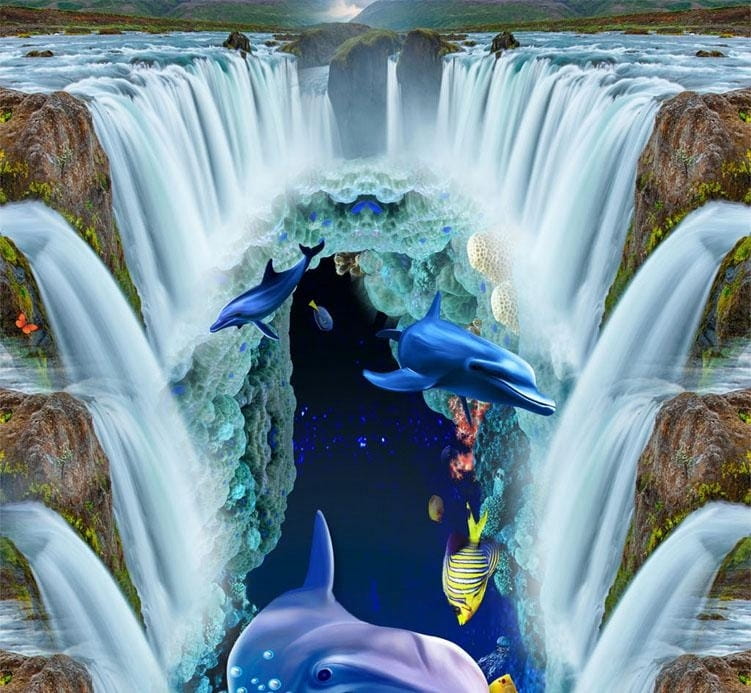 Waterfalls, Dolphin and Tropical Fish Floor Mural, Self Adhesive, Custom Sizes Available