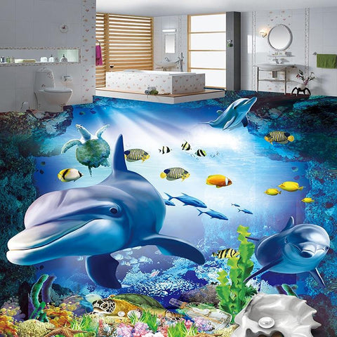 Image of Underwater World With Dolphins Self Adhesive Floor Mural, Custom Sizes Available Maughon's 