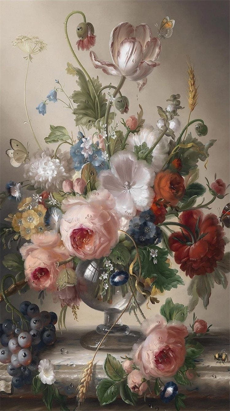 Vase Floral Oil Painting Wallpaper Mural, Custom Sizes Available