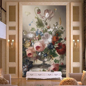 Vase Floral Oil Painting Wallpaper Mural, Custom Sizes Available