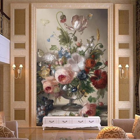 Image of Mural floral del papel pintado de la pintura al óleo del florero, tamaños de encargo disponibles