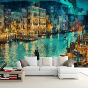 Venice At Night Painting Wallpaper Mural, Custom Sizes Available