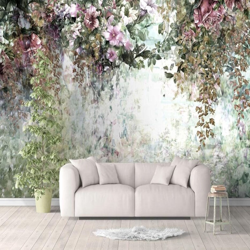 Vintage Hand-Painted Draping Flowering Vines Wallpaper Mural, Custom Sizes Available Wall Murals Maughon's 