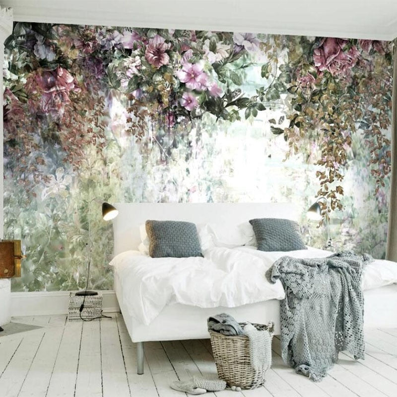Vintage Hand-Painted Draping Flowering Vines Wallpaper Mural, Custom Sizes Available Wall Murals Maughon's Waterproof Canvas 