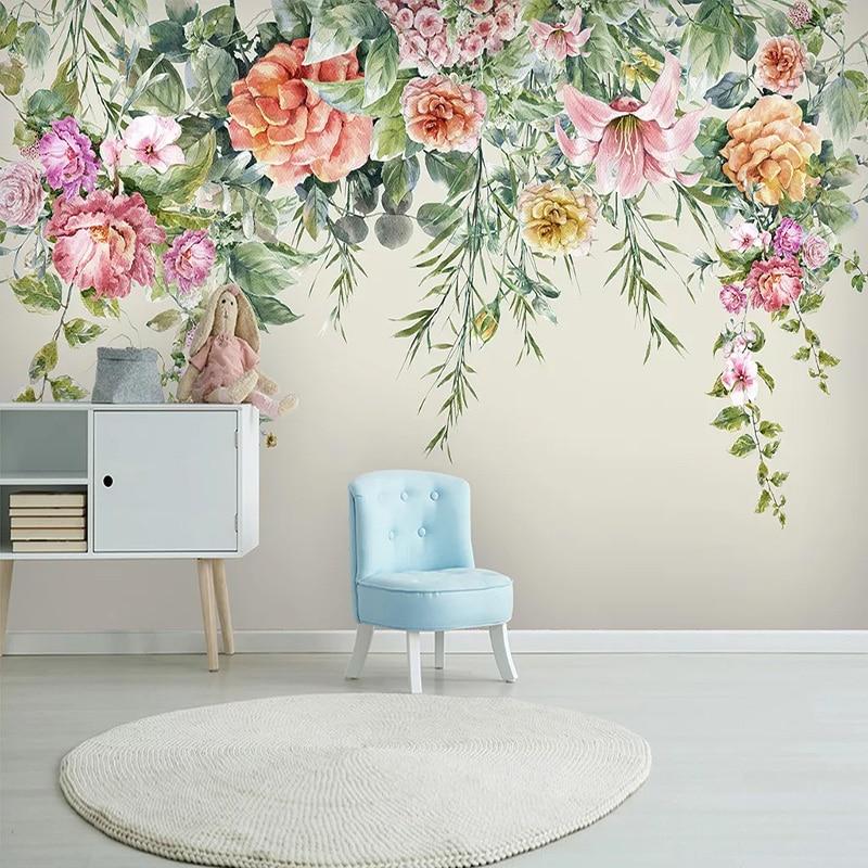 Vintage Hand-Painted Flowers Wallpaper Mural, Custom Sizes Available Household-Wallpaper Maughon's 