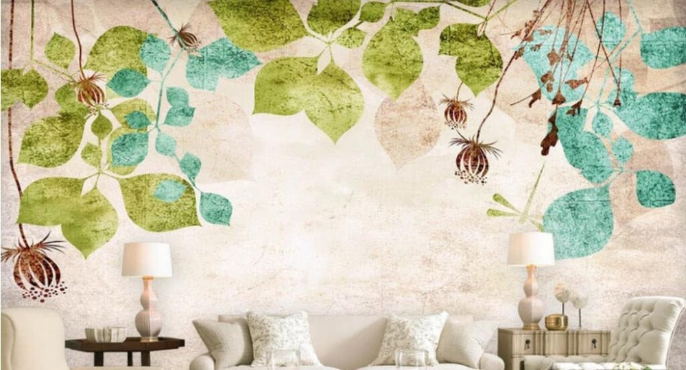 Vintage Hand Painted Leaves Wallpaper Mural, Custom Sizes Available Wall Murals Maughon's 