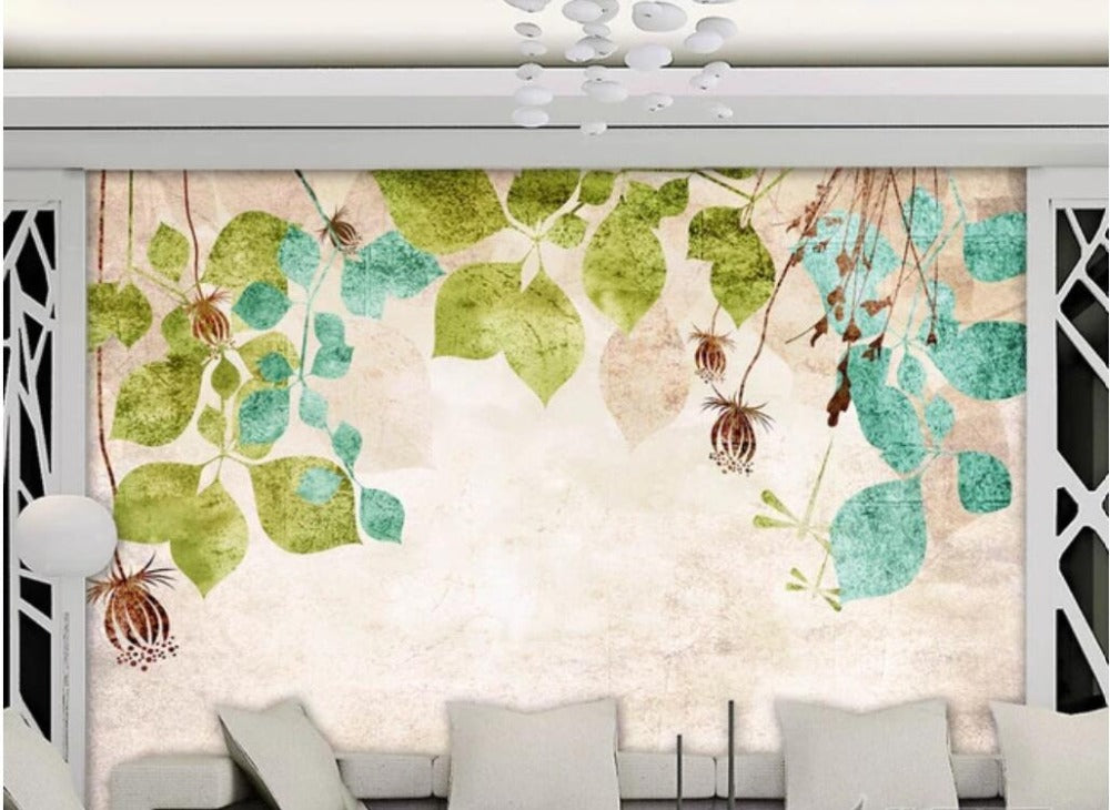 Vintage Hand Painted Leaves Wallpaper Mural, Custom Sizes Available Wall Murals Maughon's 