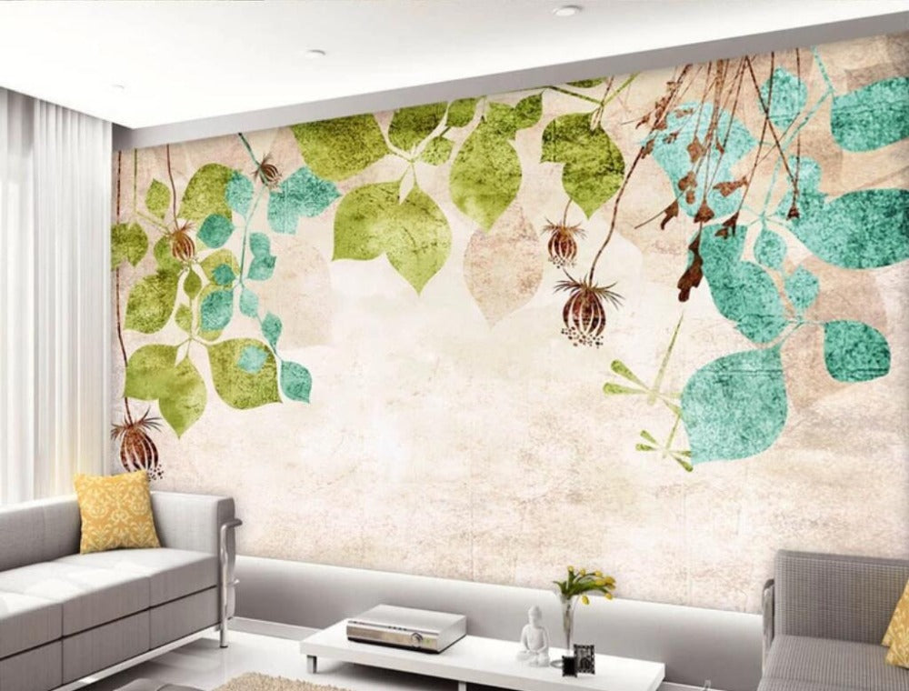 Vintage Hand Painted Leaves Wallpaper Mural, Custom Sizes Available Wall Murals Maughon's 