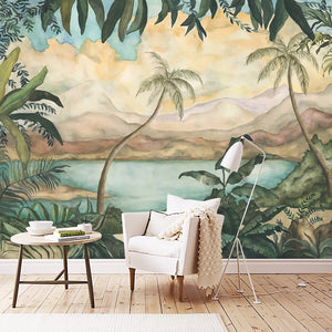 Vintage Hand-painted Tropical Landscape Wallpaper Mural, Custom Sizes 
Available