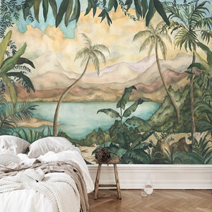 Vintage Hand-painted Tropical Landscape Wallpaper Mural, Custom Sizes Available Wall Murals Maughon's Waterproof Canvas 