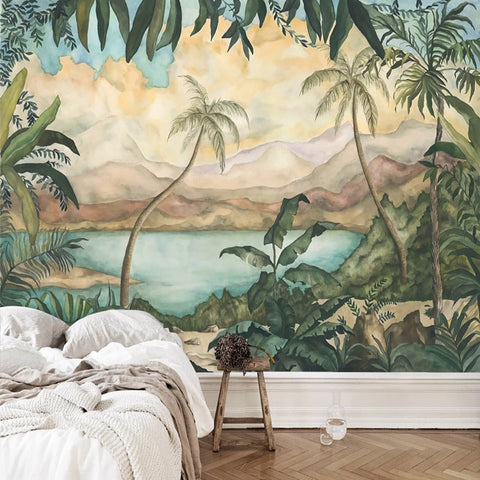 Image of Vintage Hand-painted Tropical Landscape Wallpaper Mural, Custom Sizes Available Wall Murals Maughon's Waterproof Canvas 