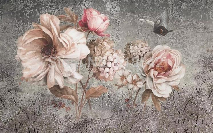 Vintage Oil Painting Flower and Butterfly Wallpaper Mural, Custom Sizes Available Maughon's 