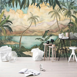 Vintage Rainforest Mountains and Lake Wallpaper Mural, Custom Sizes Available