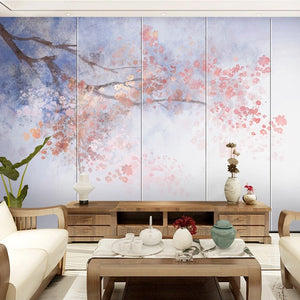 Water Color Pink Flowering Branch Wallpaper Mural, Custom Sizes Available